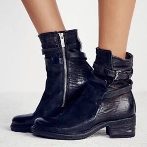 Free People A.S.98 Netta Ankle Boot Black Distress Leather Strap Zip